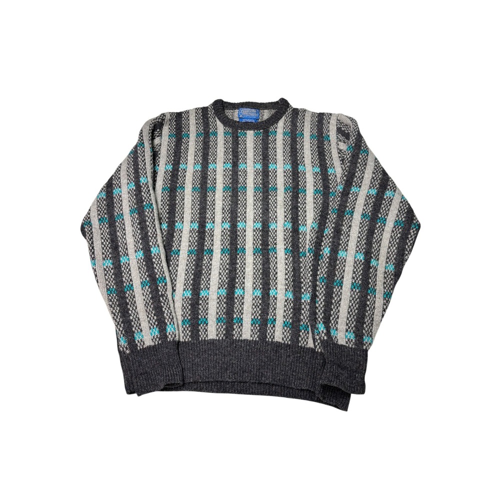 VTG Pendleton Mens Large Virgin Wool Shetland Sweater Grey Turquoise USA Made